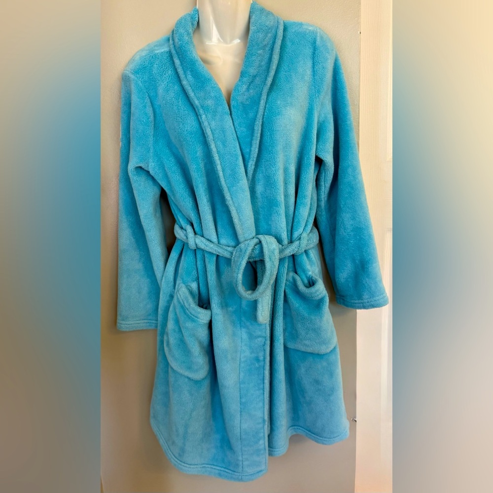 Gilligan & O'Malley Blue Plush Fleece Bath Robe Sash Belt Pockets Lounge S/M